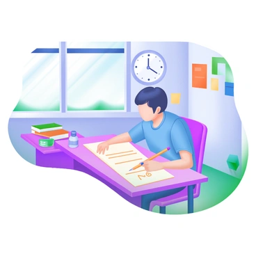 A modern pastel illustration depicting a student sitting at a wooden desk in a brightly lit classroom. The student has short black hair and is wearing a blue shirt. They are holding a pencil and focused on a sheet of paper with lines, displaying some handwritten notes. The desk is cluttered with a few scattered books and a water bottle. In the background, there are colorful posters on the walls, and a large window letting in natural light, casting soft shadows across the floor. A clock is visible on the wall, showing that time is passing during the test.