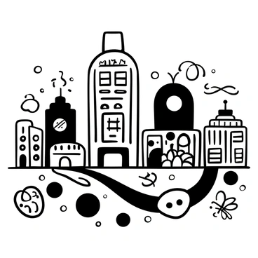 A cityscape featuring various buildings, each uniquely designed to represent a different organelle of an animal cell. A tall skyscraper shaped like a mitochondrion dominates the skyline, labeled with the word "Mitochondrion." Nearby, a smaller building resembling the nucleus stands out, marked with the label "Nucleus." A building designed like the endoplasmic reticulum stretches horizontally, adorned with the label "Endoplasmic Reticulum." A series of round structures representing lysosomes are scattered throughout the scene, each tagged with the word "Lysosome." The city is bustling with abstract representations of cellular functions, including pathways and connections that visually mimic cellular processes. The overall scene gives a clear representation of an organized and interconnected cellular environment.