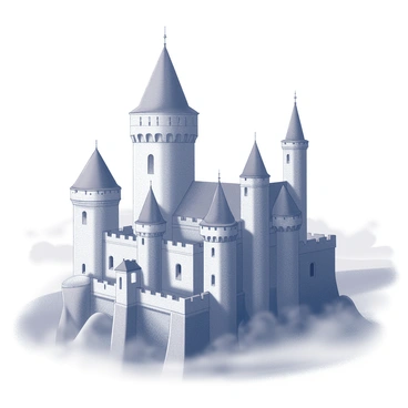 A grand castle constructed from large, rough-hewn stones. The castle features tall towers that rise prominently into the sky, each topped with pointed roofs. Surrounding the base of the castle, a misty valley stretches out, with wisps of fog curling and weaving through the landscape. The towers are adorned with narrow windows, and the castle's walls are sturdy and imposing, reflecting a sense of strength and majesty. The distant horizon is obscured by the mist, enhancing the grandeur of the castle set against the tranquil yet elusive backdrop.