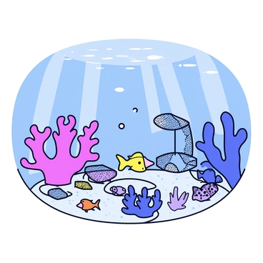 A coral farming setup in an ocean environment. The scene features multiple coral fragments attached to underwater structures made of mesh material. Various types of coral, including branching and plate corals, are visible, showcasing their colors ranging from bright pink to deep blue. Sunlight filters through the water, creating patterns on the sandy ocean floor below. Nearby, small fish swim around the coral, adding vibrancy to the scene. Bubbles rise from the coral farming equipment, emphasizing the lively underwater ecosystem.