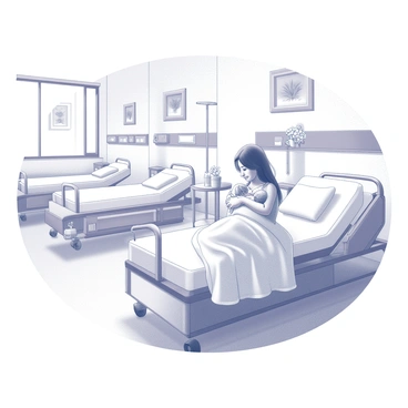 A maternity ward with several hospital beds arranged neatly. In the foreground, a new mother is sitting on a bed, gently holding her newborn baby wrapped in a soft blanket. The mother has a look of joy on her face as she gazes down at her child. Nearby, there is a small table with a vase of flowers and a few personal items. The walls are adorned with calming pictures and there is a window allowing natural light to fill the room.