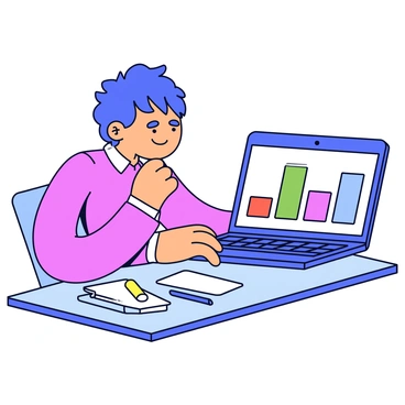 A person sitting at a desk, focused on managing finances using a laptop. The laptop's screen displays colorful charts and graphs related to an online banking platform. The person's hands are positioned on the keyboard as they look intently at the screen. The desk has a few stationery items, including a notepad and a pen. The background is minimalistic, keeping the focus on the person and the laptop.