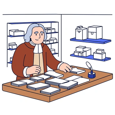 A historical figure resembling "Benjamin Franklin" is present in a post office setting. He is wearing traditional 18th-century clothing, including a brown waistcoat and a white cravat. The scene includes a wooden sorting table filled with various letters and envelopes. Franklin is carefully sorting and organizing these letters into neat stacks. "Shelves filled with mail" are visible in the background, along with "small wooden boxes" used for storage. A "quill pen and inkwell" are placed on the table beside him. The overall atmosphere conveys a sense of diligent work and organization.