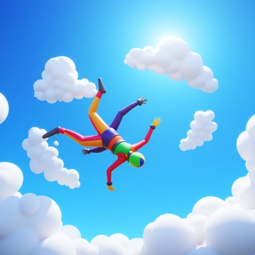A skydiver wearing a colorful jumpsuit is performing acrobatic spins and rolls. The skydiver is mid-air, surrounded by large, puffy white clouds that create a dynamic backdrop. The sunlight gleams off the skydiver's helmet and gear, emphasizing the movement and agility of the performance. The vast blue sky stretches into the distance, creating a striking contrast with the clouds.