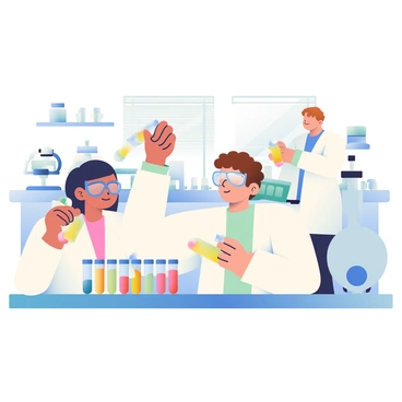 A group of researchers is working in a laboratory, focusing on depositing collected samples into clear test tubes. One researcher, a woman with short black hair and glasses, is carefully pouring a liquid from a small beaker into a test tube held in her left hand. Another researcher, a man with curly brown hair, is organizing a rack of test tubes filled with different colored liquids on a counter. The lab is equipped with various scientific instruments, including a microscope and a centrifuge, located in the background. Bright fluorescent lights illuminate the sterile environment, highlighting the researchers’ white lab coats and safety goggles.