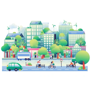 A vibrant city is depicted with numerous green buildings covered in plants and solar panels on their rooftops. Wind turbines are integrated into the architecture, spinning gently in the breeze. The streets are clean and lined with trees, offering shade to pedestrians walking by. Bicycles are parked along the walkways, and people are seen enjoying the outdoors, sitting on benches and participating in community activities. Electric buses glide silently down the roads, contributing to the overall eco-friendly atmosphere of the city.
