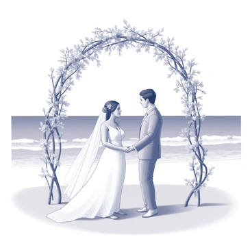 A bride and groom standing barefoot on a sandy beach. The bride is wearing a flowing white wedding dress with delicate lace details, and her hair is adorned with small white flowers. The groom is dressed in a light-colored suit, with a white shirt and no tie. They are positioned under a floral archway made of intertwined branches and a variety of flowers. The archway is elegantly decorated, creating a beautiful focal point. In the background, gentle waves lap at the shore, and the sky is clear, suggesting a calm and tranquil setting.
