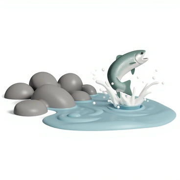 A lively trout, with shimmering scales that reflect shades of silver and green, is leaping out of a clear, flowing river. The water is splashing around the trout, creating droplets that catch the light. Surrounding the river are smooth, rounded river rocks in various shades of gray and brown. The scene captures the vibrant movement of the trout as it breaks the surface of the water, with the sunlight glinting off the rippling waves.