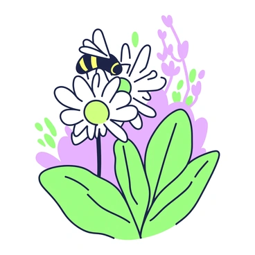 A bee is hovering above an edelweiss flower, poised to collect nectar. The flower has a distinctive star-shaped appearance with multiple white petals surrounding a central cluster. The bee, with its delicate wings shimmering, has black and yellow stripes on its body. The scene features green leaves surrounding the flower, creating a natural setting. In the background, there are hints of additional foliage, emphasizing the environment where this interaction takes place.