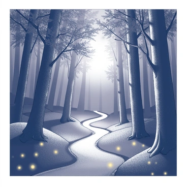 A narrow path winding through a dense forest. The trees are tall and thick, their leaves creating a canopy overhead. The scene is illuminated by moonlight filtering through the branches, casting intricate shadows on the ground. Fireflies are visible, their glowing bodies flickering in the air, creating a sense of movement and liveliness along the path. The atmosphere is tranquil, inviting viewers to step into the serene woodland.