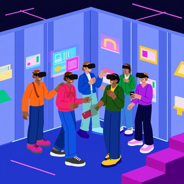 A futuristic escape room filled with high-tech gadgets and neon lights. The room features sleek, metallic walls with glowing circuits running along them. In the center, several players are wearing black VR headsets, fully immersed in their digital environment. Each player is engaged in solving puzzles, surrounded by holographic displays and interactive elements that project bright colors. The atmosphere is lively, with a sense of teamwork and excitement among the players as they navigate through the challenges.