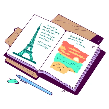 An open travel log book rests on a wooden table, its pages filled with various sketches and notes. The left page displays a detailed sketch of the Eiffel Tower in teal ink, accompanied by handwritten notes describing the visit. The right page features a colorful illustration of a sunset over a beach in orange ink, with scribbles capturing the emotions of the moment. A blue pen lies beside the book, and a small teal coffee cup sits off to the side, adding to the scene's travel theme.