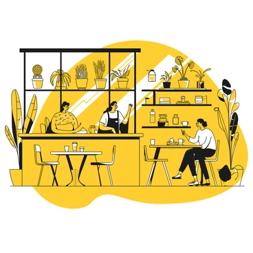 An eco-friendly cafe filled with various indoor plants arranged on shelves and hanging from the ceiling. The furniture includes wooden tables and chairs made from reclaimed materials. The walls are adorned with decor made from recycled items. Natural light streams in through large windows, illuminating a counter displaying a selection of organic pastries and beverages. People are sitting at tables, enjoying their drinks and conversations in a relaxed atmosphere.