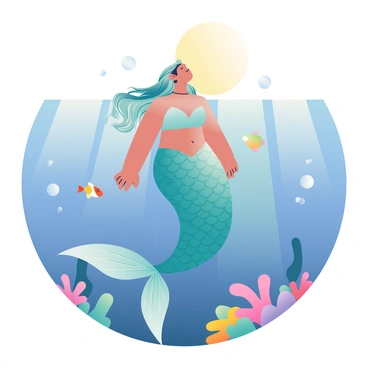 A mermaid with shimmering scales in shades of turquoise and deep blue is gazing up at the full moon from beneath the ocean surface. Her long, flowing hair is a blend of silver and sea green, gracefully floating around her. The moonlight filters through the water, casting soft beams that illuminate her features. Surrounding her are colorful coral formations and a school of small, vibrant fish swimming nearby. Bubbles rise gently around her, creating a tranquil atmosphere as she admires the moon's reflection on the water’s surface.