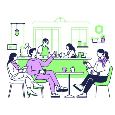 A coffee shop scene featuring several people engaged in conversation and reading. In the foreground, a man with glasses is sitting at a small round table, holding a coffee cup, while a woman with a scarf sits across from him, smiling as she talks. Nearby, a person is reading a book, leaning back in a chair with a calm expression. The background includes a counter with a barista preparing drinks, shelves lined with coffee mugs, and a wall adorned with potted plants. Large windows allow light to pour into the space, creating a warm and inviting atmosphere.