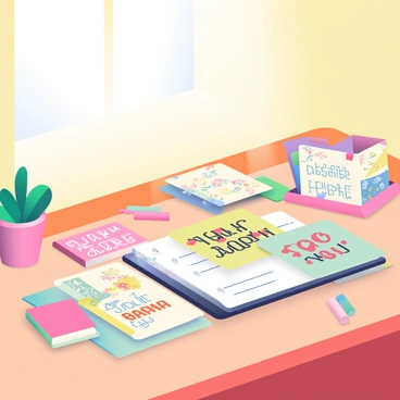 A collection of colorful thank you cards is spread across a wooden work desk. The cards feature various designs, including floral patterns, cheerful illustrations, and heartfelt messages in elegant fonts. Some cards are opened, revealing handwritten notes inside, while others are stacked neatly beside a small potted plant with green leaves. A few colorful pens in different shades are scattered near the cards, alongside a compact notebook with a bright cover. The desk has a warm, inviting atmosphere, illuminated by soft natural light coming from a nearby window.