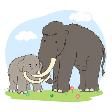 A baby mammoth with fluffy gray fur and large floppy ears stands on a patch of green grass. It has a small, playful expression on its face and is slightly swaying back and forth. The mother mammoth, much larger with darker gray fur and long curved tusks, gently nudges the baby with her trunk. The mother is watching over the baby with a caring demeanor. Surrounding them are a few colorful flowers and a soft blue sky with fluffy white clouds.
