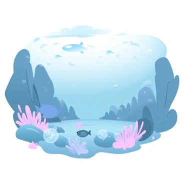 An underwater scene of a mid-ocean ridge is depicted, with rugged rock formations stretching across the ocean floor. Various marine life, including colorful fish and graceful sea turtles, swim nearby among clusters of vibrant corals. Sunlight filters down from the surface, casting a soft glow over the scene. A few small jellyfish drift gently in the water, adding movement to the environment. Large schools of fish move together in synchronized patterns, creating a dynamic atmosphere within this rich underwater landscape.