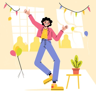 A person with curly hair wearing colorful clothes is dancing joyfully in a bright room. The room is filled with warm golden light streaming through large windows. Colorful streamers and balloons are hanging from the ceiling, adding to the festive atmosphere. The person's arms are raised high, and a big smile is on their face, showcasing their happiness and self-expression. A small potted plant sits on a nearby table, completing the lively scene.