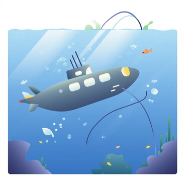 A futuristic submarine with a sleek, metallic design is submerged in deep blue water. Its surface is adorned with illuminated panels, casting a soft glow around it. The submarine is in the process of deploying long, flexible cables that trail down into the water. Bubbles are rising from the cables as they descend, creating a dynamic interaction with the surrounding water. In the background, schools of small fish swim past, and faint outlines of underwater rocks and plants can be seen, adding depth to the scene. The light from the submarine reflects off the water, creating shimmering patterns in the surrounding environment.