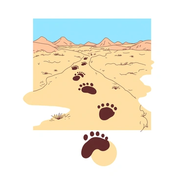 A series of large, distinct dinosaur footprints in the sand are visible, each imprint showing detailed textures and depth. The footprints lead across a sandy terrain that stretches widely, with gentle hills and sparse vegetation scattered throughout. The sandy ground has a warm tone, while the sky above is a clear blue, creating a stark contrast. The footprints gradually disappear into the horizon, where the sandy landscape merges into distant shapes that suggest the presence of more terrain beyond.
