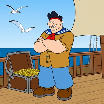 Popeye, a muscular sailor with a squashed nose and a distinctive sailor hat, stands proudly on the deck of a pirate ship. He is wearing a ragged pirate coat with a red bandana tied around his neck. His arms are crossed, showcasing his strong muscles, and he has a confident grin on his face. The deck is made of weathered wooden planks, and in the background, the ship's sails are billowing in the wind. A treasure chest sits nearby, overflowing with gold coins and jewels. Seagulls are flying in the clear blue sky above, adding to the lively atmosphere of the scene.
