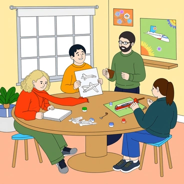 A group of four friends gathered around a large, round table in a cozy room filled with sunlight. Each friend is focused on their unique project. The first friend, a young woman with curly blonde hair, is knitting a bright red scarf, her hands skillfully maneuvering the needles. The second friend, a man with short black hair and glasses, is sketching on a notepad, creating detailed designs for a model airplane. The third friend, a girl with straight brown hair tied in a ponytail, is painting a colorful canvas with flowers and butterflies, surrounded by various paint tubes scattered around her. The fourth friend, a tall guy with a beard, is assembling a model train set, with pieces neatly organized on the table. The walls are decorated with colorful posters showcasing different hobbies. 