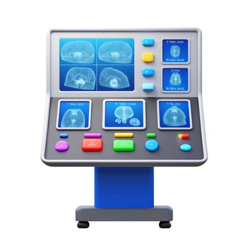 A CT machine's control panel featuring a variety of buttons and screens. The panel is filled with colored buttons in different shapes and sizes, each labeled with clear text. Several digital screens display various diagnostic images and data readouts. The overall design of the control panel is modern, with sleek lines and a user-friendly interface. The buttons are illuminated, highlighting their functions, while the screens show detailed graphics related to CT scans. The control panel is positioned on a sturdy base, complementing the advanced technology of the CT machine.