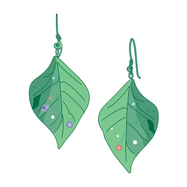 A pair of earrings shaped like delicate leaves, with intricate details mimicking the veins and contours of real leaves. The earrings are adorned with tiny gemstones in various colors, embedded within the leaf designs. The leaves have a subtle sheen, reflecting light and giving them a magical appearance. They are suspended from elegant hooks, completing the enchanting look inspired by a magical forest.