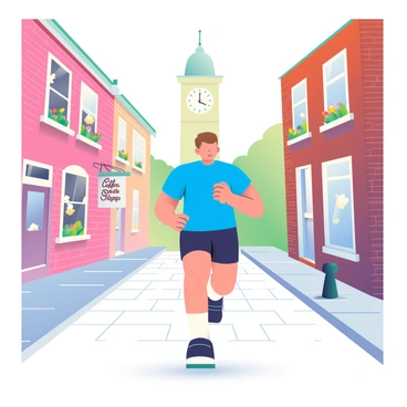 A jogger with short brown hair is running along a cobblestone street. He is wearing a bright blue t-shirt and black shorts. On either side of the street, there are quaint historic buildings with brick facades and white trim. One building has a small sign that reads "Coffee Shop" in elegant lettering. Flower boxes with colorful blooms are mounted on the windowsills, adding vibrancy to the scene. In the background, a tall clock tower can be seen, marking the time as the jogger passes by. The sky is clear with soft sunlight illuminating the surroundings.