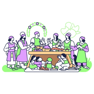 A Gaulois community is gathered in a vibrant setting, celebrating a bountiful harvest. In the center, a large wooden table is filled with an array of foods, including freshly baked bread, fruits, and roasted meats. Surrounding the table, men and women dressed in traditional Gaulois attire, with flowing tunics and cloaks, are joyfully sharing food and laughter. To one side, a group of musicians plays instruments, creating a lively atmosphere with flutes and drums. Decorations made of wheat sheaves and colorful flowers are arranged around the gathering, enhancing the festive mood. Children are playing nearby, adding to the lively scene.