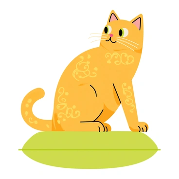 A cat sitting regally on a plush green cushion. The cat has a lush coat of fur with intricate golden patterns swirling across its body, resembling ornate designs. Its bright green eyes are wide open, gazing thoughtfully ahead. The background is filled with soft, muted colors that complement the cat's rich golden fur. Soft shadows cast by gentle lighting highlight the cat's elegant posture and the intricate details of its fur.