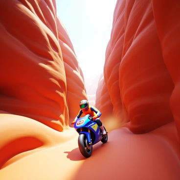 A moto-bike racing through a narrow canyon. The bike is sleek and aerodynamic, with vibrant colors and racing decals. Towering rock walls rise sharply on either side, displaying intricate textures and shadows. Dust is kicked up from the bike's tires as it speeds along a narrow, winding path. The sunlight streams down, highlighting the rugged features of the canyon. The scene conveys a sense of speed and adventure.