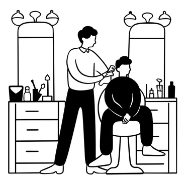A barber in a classic barber shop stands behind a man seated in a vintage barber chair. The barber is focused on giving a stylish haircut, with scissors in hand, carefully trimming the man's hair. The shop features classic barber poles and mirrors lined on the walls. A collection of grooming tools is neatly arranged on a counter nearby. The floor has a checkered pattern, enhancing the traditional atmosphere of the barber shop. 