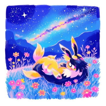 An Umbreon is lying on its back, with its sleek black fur contrasting against the soft grass below. Its yellow rings are brightly illuminated under the starlight. The Umbreon is gazing up at a clear night sky filled with numerous twinkling stars and distinct constellations. The Milky Way stretches across the sky, creating a vivid band of light. Surrounding the Umbreon are small flowers scattered across the grass, gently swaying in the night breeze.