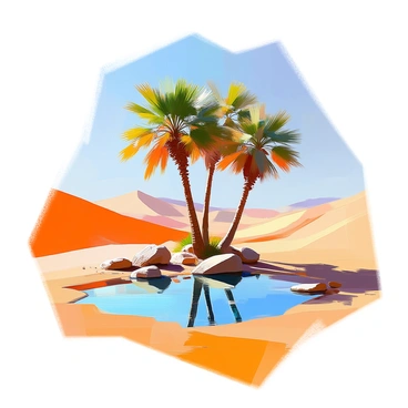 A small oasis is situated amidst a vast expanse of golden sand dunes, with a cluster of tall, slender palm trees providing shade. The palm trees, with their vibrant green fronds, surround a clear blue pond that reflects the bright sky above. The surface of the pond is calm, creating a serene atmosphere. A few small rocks are scattered around the pond's edge, partially submerged in the water. The distant silhouettes of more sand dunes rise against the horizon, emphasizing the isolation of this tranquil oasis. Bright sunlight illuminates the scene, casting shadows from the palm trees onto the sandy ground.
