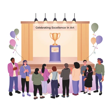 A digital flat illustration depicting an awards night at an illustration agency. A large stage is in the center adorned with golden curtains and bright spotlights. On stage, a tall, slender podium holds a gleaming trophy engraved with "Outstanding Artist." In the foreground, a diverse group of artists is gathered, showing a variety of hairstyles and outfits. One artist with curly hair and glasses is clapping enthusiastically, while another with a colorful patterned shirt is taking a photo with a smartphone. Balloons and streamers in vibrant colors float above the crowd, and a banner in the background reads "Celebrating Excellence in Art."