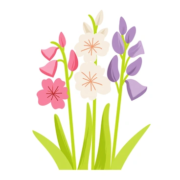 A cluster of "gladiolus flowers" with tall green stems is depicted, showcasing various colors such as pink, purple, and white. The flowers are characterized by their large, trumpet-shaped blooms arranged in a vertical fashion. Each bloom has intricate petal details. The scene captures the "flowers swaying gracefully" as they are gently moved by a light breeze, with soft green leaves surrounding them. Sunlight filters through the petals, highlighting their vibrant hues.