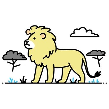 A majestic lion standing on a slight rise, with its golden mane flowing gently in the wind. The lion's body is well-defined, showcasing its powerful muscles and strong stance. In the background, a vast savannah stretches out, scattered with sparse acacia trees and tall grasses gently swaying. The sky is clear with a few fluffy clouds, casting soft shadows on the ground. The scene conveys the lion's vigilance as it surveys its surroundings.