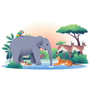 A group of jungle animals is gathered around a watering hole at dusk. In the foreground, a large elephant with gray skin is leaning down to drink water. Nearby, a colorful parrot with vibrant green and red feathers is perched on a low branch, observing the scene. A sleek tiger with orange and black stripes is lying on the bank, watching the other animals with attentive eyes. A herd of antelopes is standing to the side, their graceful forms silhouetted against the dimming light. Surrounding the watering hole are lush green plants and trees, their leaves richly detailed as they catch the fading light of the day. The sky above is painted in soft hues of purple and orange, signaling the transition from day to night.