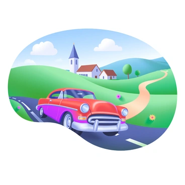 A 3D classic car driving through a picturesque countryside road