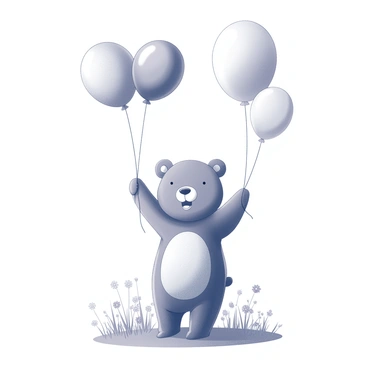 A bear standing upright in a meadow. The bear is holding several balloons with various shapes and sizes above its head. The meadow is filled with tall grass and scattered wildflowers. In the background, a clear blue sky is visible, indicating a sunny day. The bear has a friendly expression and looks content in its playful pose.