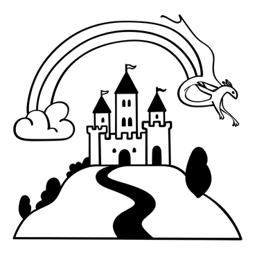 A majestic castle made of stone, with tall towers and battlements, stands atop a hill. The castle is surrounded by lush greenery and a winding path leading up to its entrance. In the sky, a large dragon with outstretched wings flies nearby the castle, its body elegantly curved as it glides through the air. Above the castle, a large rainbow arches gracefully, its arcs stretching wide across the sky, creating a striking contrast with the scene.