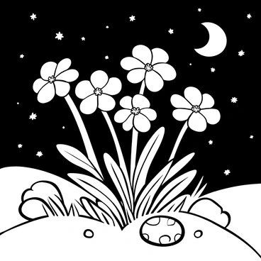 A cluster of "primroses" with delicate petals illuminated by "moonlight" in a detailed garden setting. The flowers are positioned amidst "a starry sky" filled with "twinkling stars." The ground is textured with "grass and leaves," creating a natural scene around the blossoms. A few "glowing stones" are scattered nearby, enhancing the ethereal atmosphere.