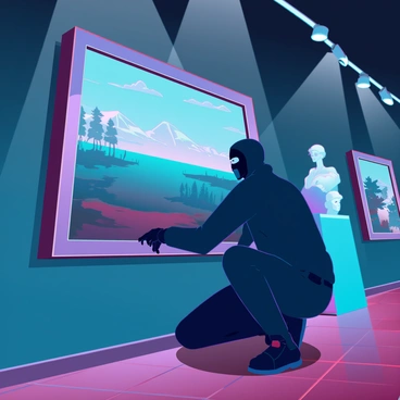 A masked thief with dark clothing is stealthily reaching towards a large, framed painting on the wall of a dimly lit museum. The thief is crouched down, with one hand gripping the edge of the frame while the other prepares to lift it. Shadows cast by the overhead lights create a dramatic contrast on the polished wooden floor. The painting, depicting a vibrant landscape, is illuminated by a faint spotlight, highlighting its intricate details. There are various art pieces and sculptures surrounding the area, partially obscured by darkness, adding to the tension of the scene. The thief's face is obscured, emphasizing anonymity and secrecy.