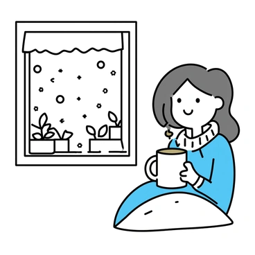 A character, with long brown hair, wearing a thick knitted sweater, is sitting by a window. They are holding a large mug filled with hot cocoa, steam rising from it. Outside the window, snowflakes are gently falling. The window frame is wood, and there are hints of snow on the ledge. A small blanket is draped over the character’s lap. A few potted plants can be seen on the sill, adding a touch of green to the scene.