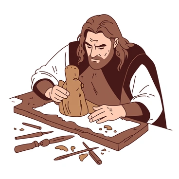 A brown-haired man in medieval clothing, resembling Boromir, is focused intently on carving a wooden figure. The figure is partially formed, detailed with wood shavings scattered around the workbench. Various tools, including chisels and knives, are arranged neatly beside him, reflecting his craftsmanship. The setting is well-lit, highlighting the texture of the wood and the man's concentrated expression as he shapes the figure.