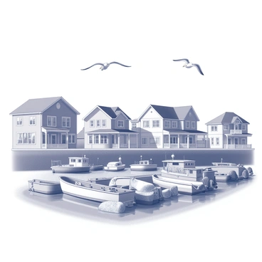 A coastal town with a view of several houses with varying architectural styles, positioned close to each other along the shoreline. The houses have distinct features such as balconies and porches, each displaying different patterns or textures. In the foreground, a number of fishing boats are docked in the harbor, some with nets and gear neatly arranged. The boats vary in size, with some larger vessels and smaller dinghies. Above the harbor, several seagulls are soaring, their wings outstretched as they glide through the air. The scene conveys a bustling atmosphere typical of a working coastal community.