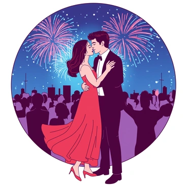 A couple stands close together, sharing a kiss under a vibrant display of fireworks in the night sky. The fireworks burst in dazzling patterns, illuminating the scene with bright colors. The couple is dressed in elegant attire, with the woman wearing a flowing red dress and the man in a classic black suit. They are surrounded by a joyful crowd, and the ambience is filled with excitement and celebration. The couple's expression reflects love and happiness, perfectly capturing the moment of celebration on New Year's Eve.
