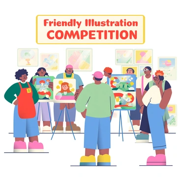 A diverse group of participants is gathered in a brightly lit room, showcasing their designs for an illustration competition. Each participant is displaying their artwork on individual stands, with colorful designs ranging from whimsical characters to intricate landscapes. One participant with curly black hair is enthusiastically explaining their design to an attentive audience. Another participant, wearing glasses and a red apron, is carefully arranging their illustrations on a nearby table. The walls are adorned with various artworks, creating a vibrant atmosphere, and a banner overhead reads "Friendly Illustration Competition" in bold, cheerful letters.